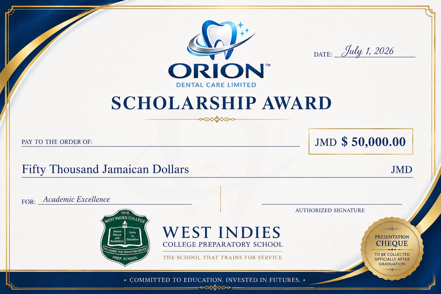 Orion Dental Care scholarship award